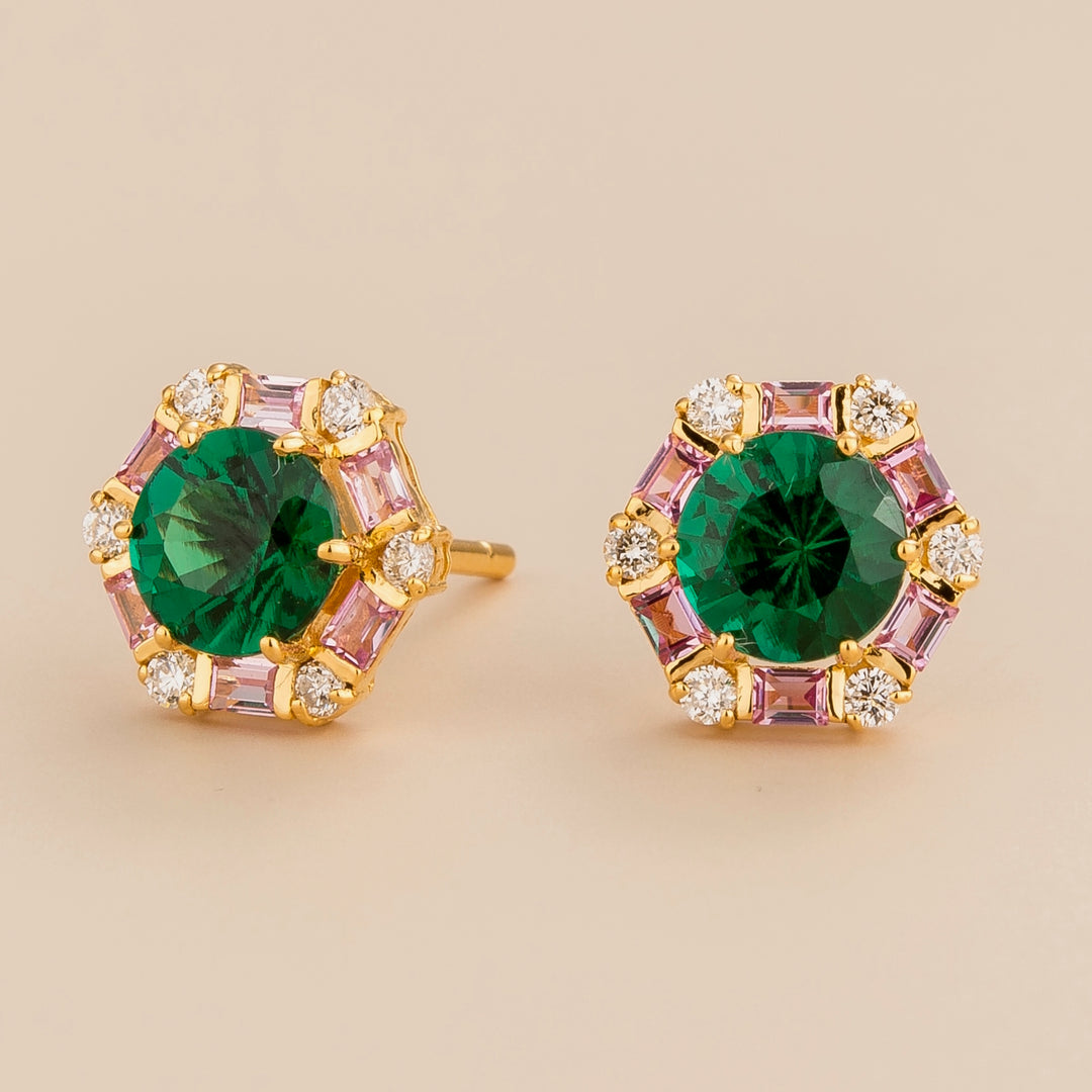 Melba hexagon earrings in 18K gold vermeil set with lab grown Emerald, Pink sapphire and Diamond gem stones. Perfect for yourself and as gift.