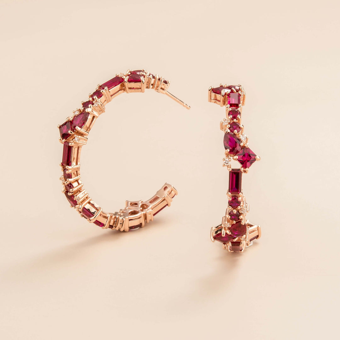 Lanna large hoop earrings in 18K pink gold vermeil set with lab grown diamond and ruby gem stones. Perfect for yourself and as gift.