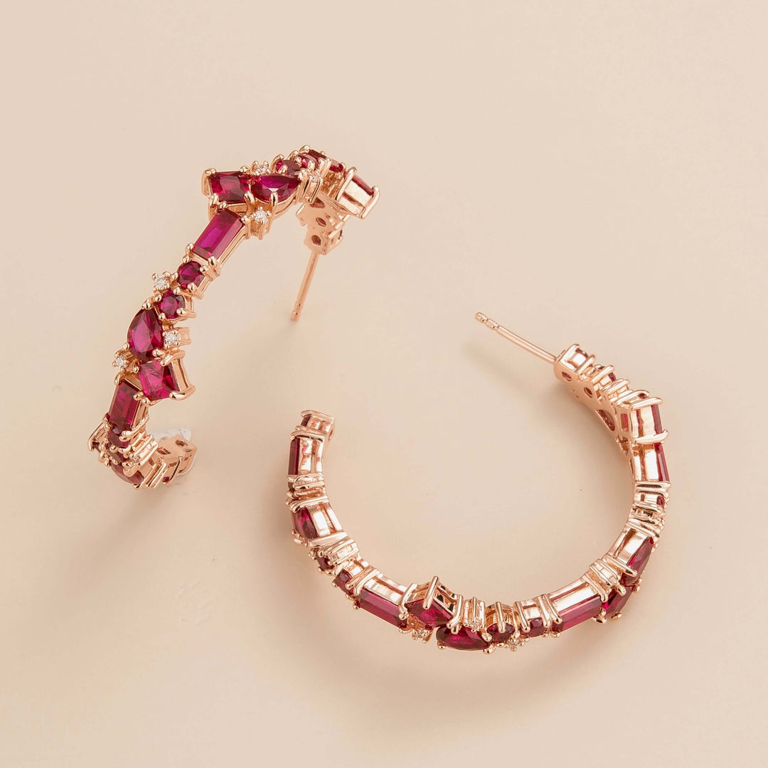Lanna large hoop earrings in 18K pink gold vermeil set with lab grown diamond and ruby gem stones. Perfect for yourself and as gift.