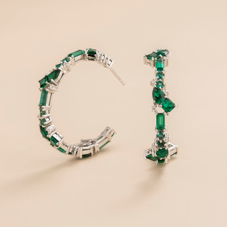 Lanna large hoop earrings in 18K white gold vermeil set with lab grown emerald and diamond gem stones. Perfect for yourself and as gift.