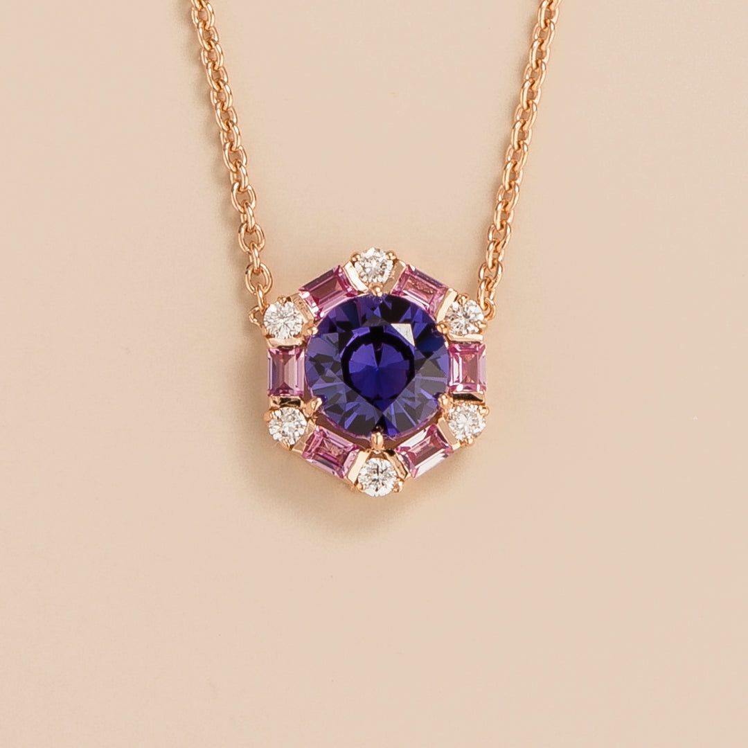 Melba rose gold necklace set with Purple sapphire, Pink sapphire & Diamond