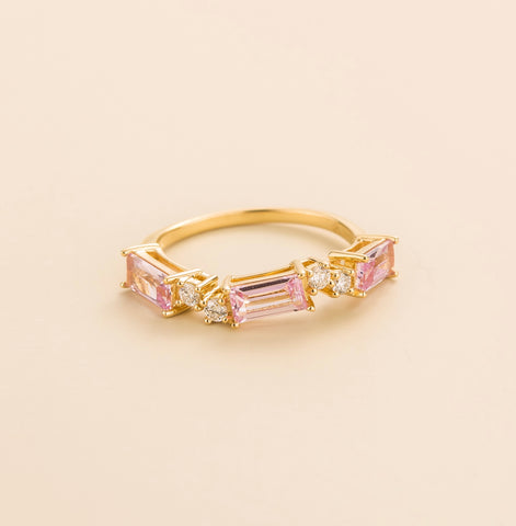 Forma Pink Sapphire and Diamond Baguette Cut Three-Stone Gold Ring