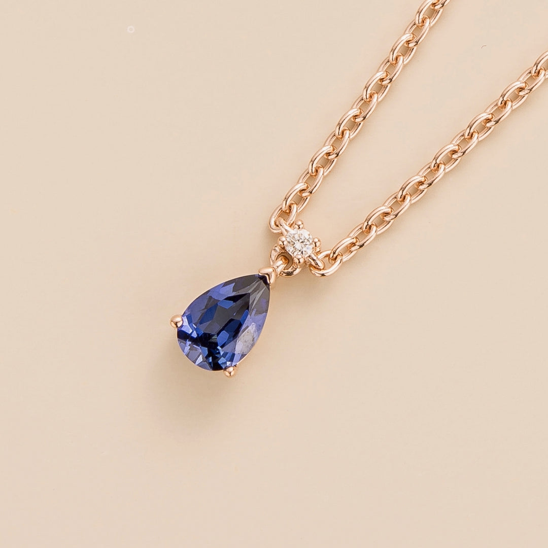 Ori small pendant necklace Blue sapphire and Diamond set in Pink gold