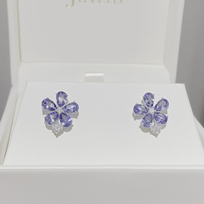 Florea flower floral earrings in 18K white gold vermeil set with lab grown diamond and blue sapphire. Perfect for yourself and as gift.