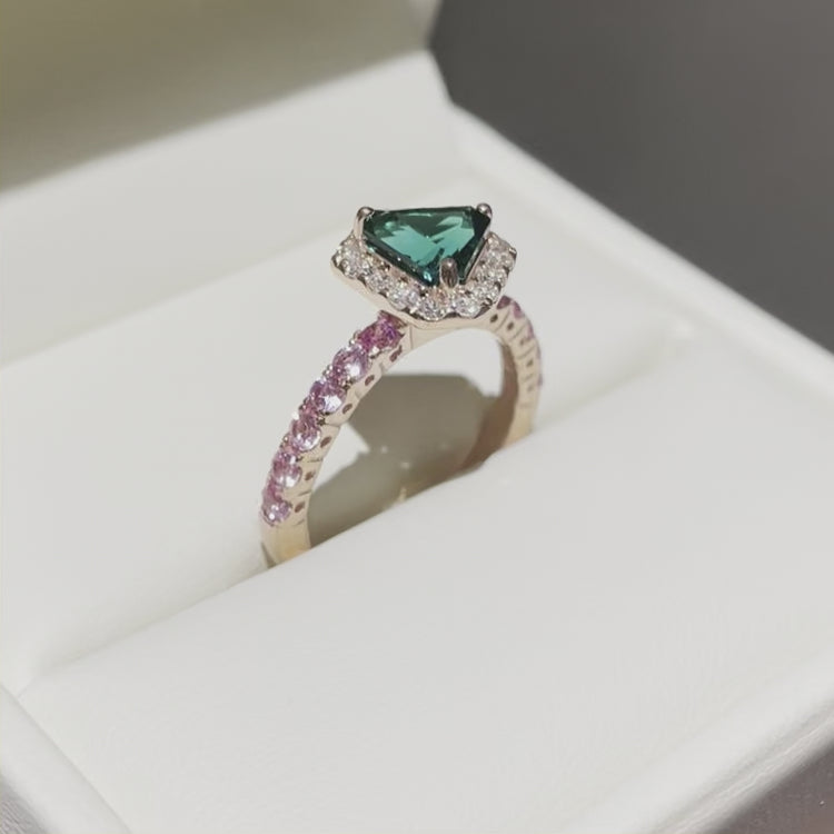 Online Bespoke Jewelry Diana Rose Gold Ring In Emerald Diamond and Pink Sapphiremerald and pink sapphire.