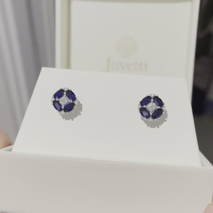 Juvetti Bespoke Jewellery London Pristi White Gold Earrings Diamond & Blue Sapphire