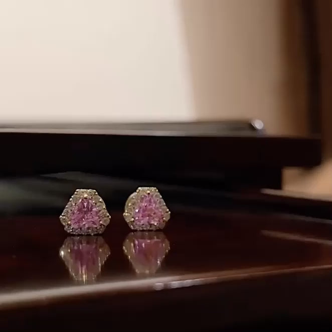 Diana earrings in 18K white gold vermeil set with lab grown diamond and triangle pink sapphire gem stones by Juvetti