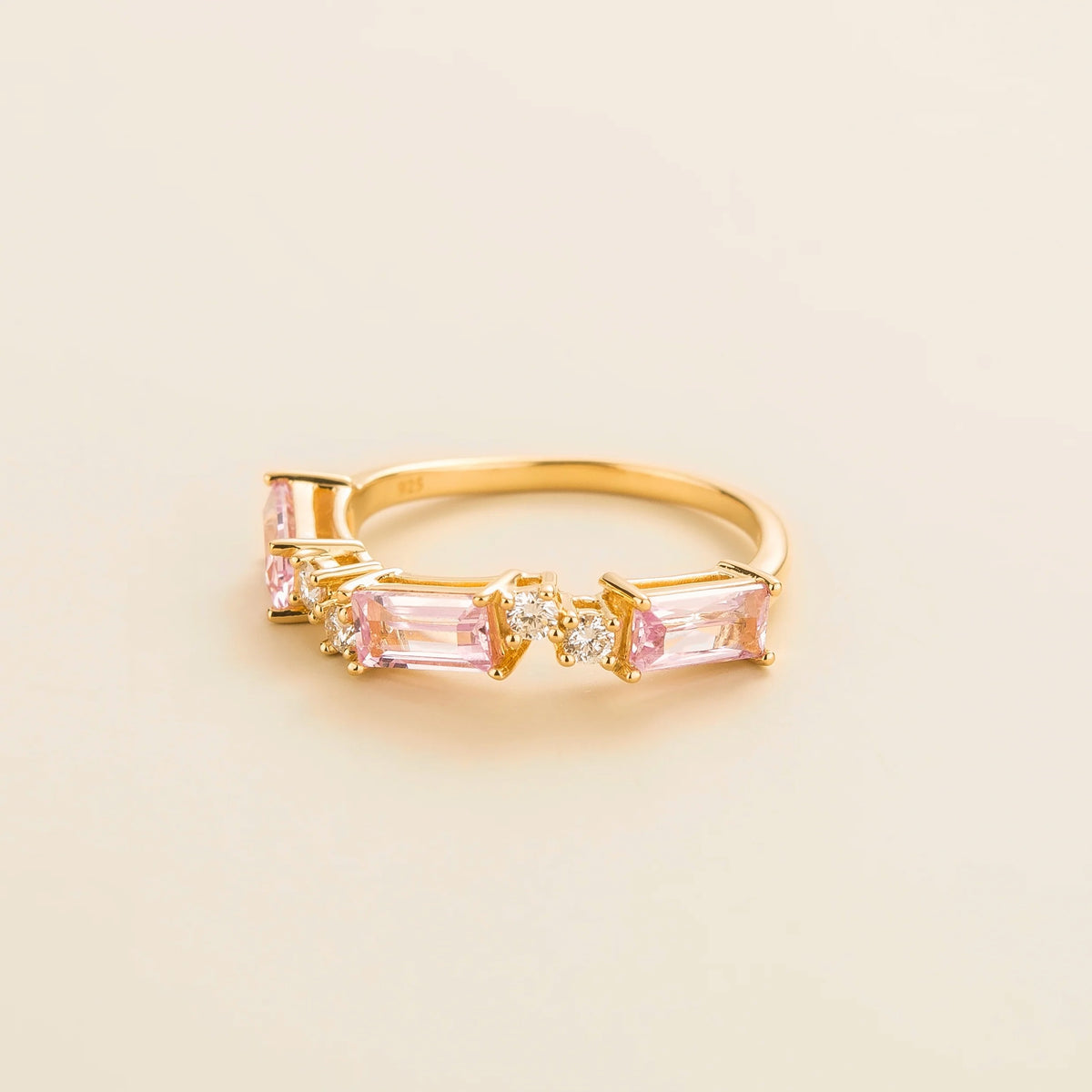 Forma Pink Sapphire & Diamond Baguette Cut Three-Stone Gold Ring